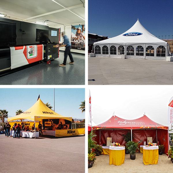 Photos of several tents with logo applications